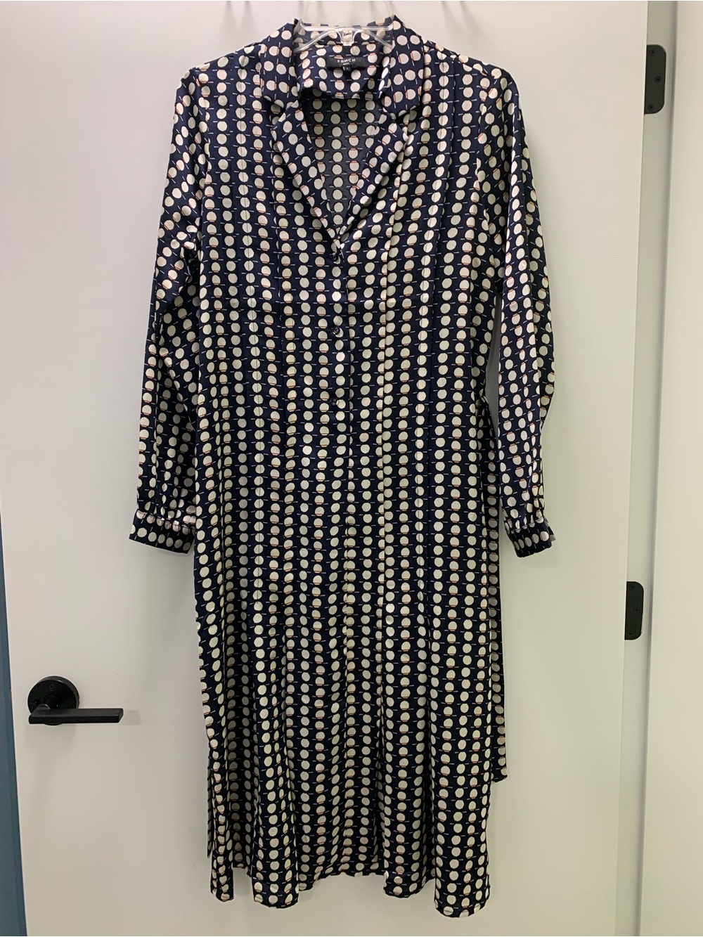 Navy and White Polka Dot Long Sleeve Shirt Dress, size S-M